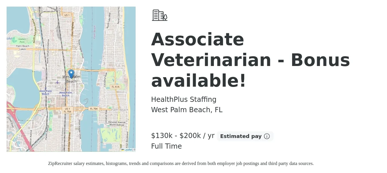 HealthPlus Staffing job posting for a Associate Veterinarian - Bonus available! in West Palm Beach, FL with a salary of $130,000 to $200,000 Yearly with a map of West Palm Beach location.