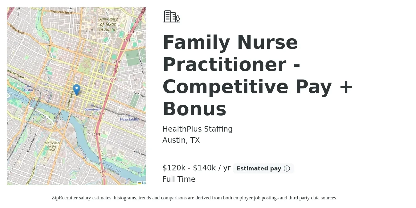 HealthPlus Staffing job posting for a Family Nurse Practitioner - Competitive Pay + Bonus in Austin, TX with a salary of $120,000 to $140,000 Yearly with a map of Austin location.