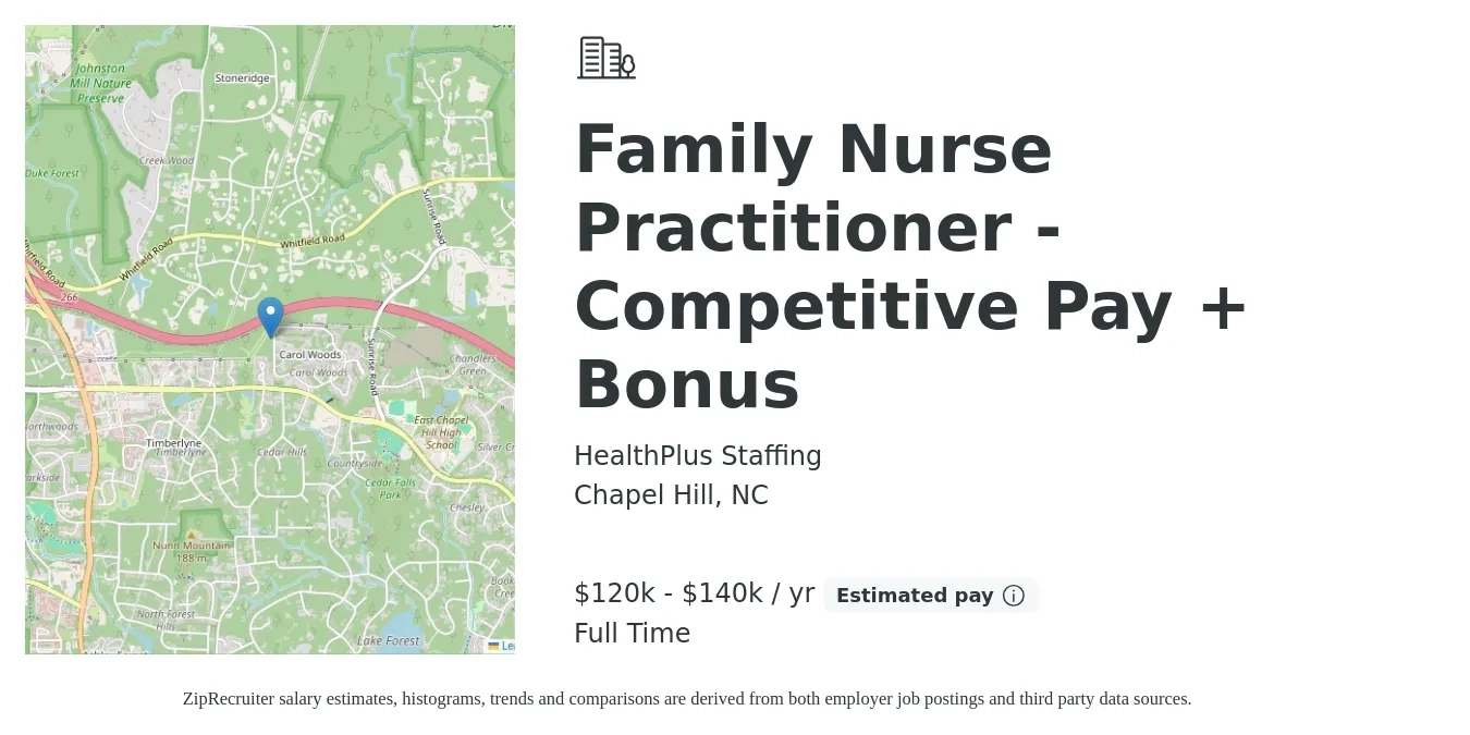 HealthPlus Staffing job posting for a Family Nurse Practitioner - Competitive Pay + Bonus in Chapel Hill, NC with a salary of $120,000 to $140,000 Yearly with a map of Chapel Hill location.