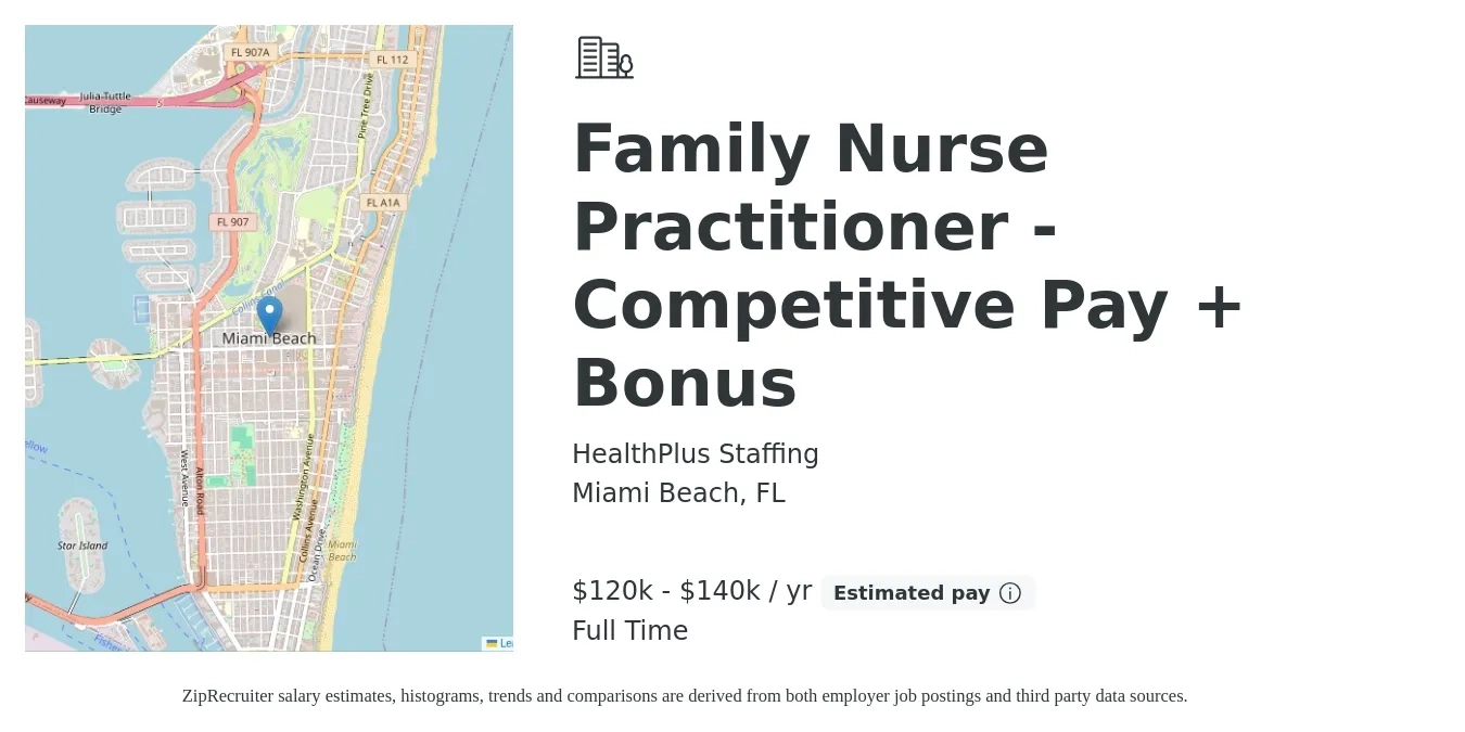 HealthPlus Staffing job posting for a Family Nurse Practitioner - Competitive Pay + Bonus in Miami Beach, FL with a salary of $120,000 to $140,000 Yearly with a map of Miami Beach location.