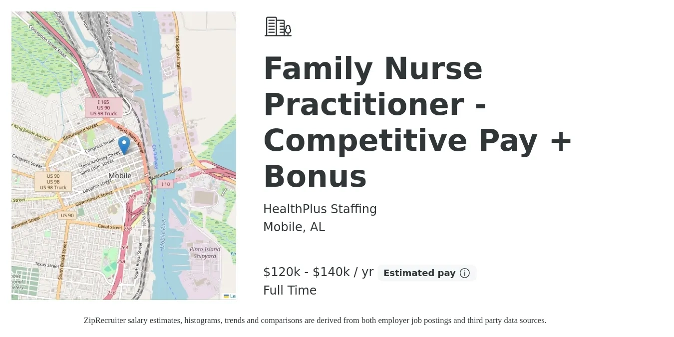 HealthPlus Staffing job posting for a Family Nurse Practitioner - Competitive Pay + Bonus in Mobile, AL with a salary of $120,000 to $140,000 Yearly with a map of Mobile location.