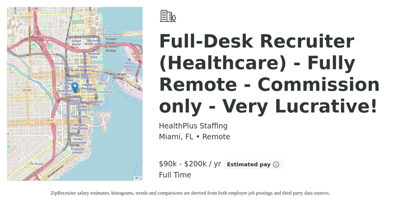 HealthPlus Staffing job posting for a Full-Desk Recruiter (Healthcare) - Fully Remote - Commission only - Very Lucrative! in Miami, FL with a salary of $90,000 to $200,000 Yearly with a map of Miami location.