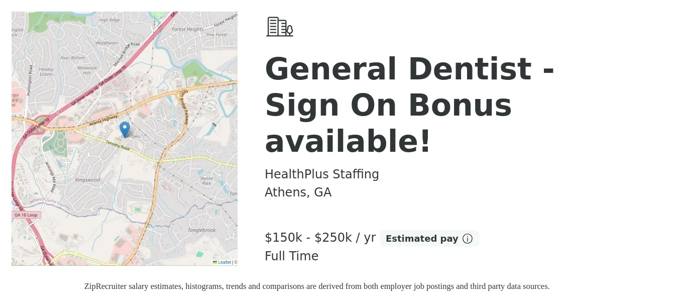 HealthPlus Staffing job posting for a General Dentist - Sign On Bonus available! in Athens, GA with a salary of $150,000 to $250,000 Yearly with a map of Athens location.