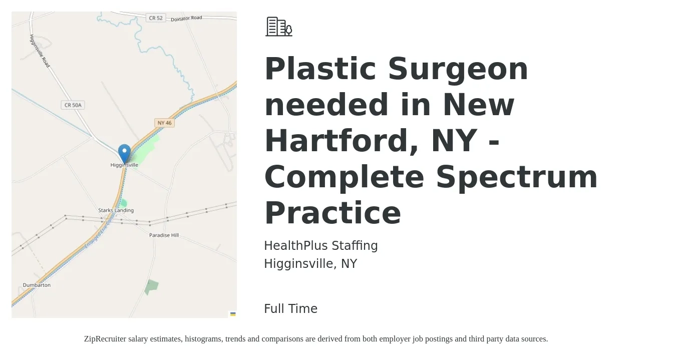 HealthPlus Staffing job posting for a Plastic Surgeon needed in New Hartford, NY - Complete Spectrum Practice in Higginsville, NY with a salary of $315,700 to $385,000 Yearly with a map of Higginsville location.
