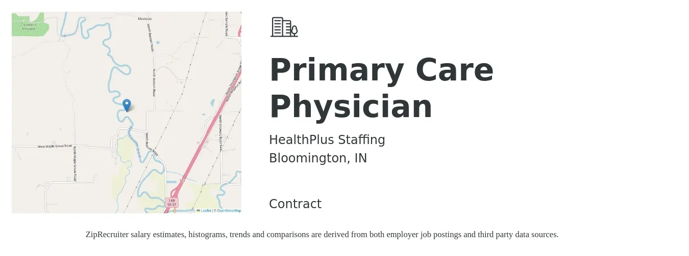 HealthPlus Staffing job posting for a Primary Care Physician in Bloomington, IN with a salary of $175,800 to $226,200 Yearly with a map of Bloomington location.