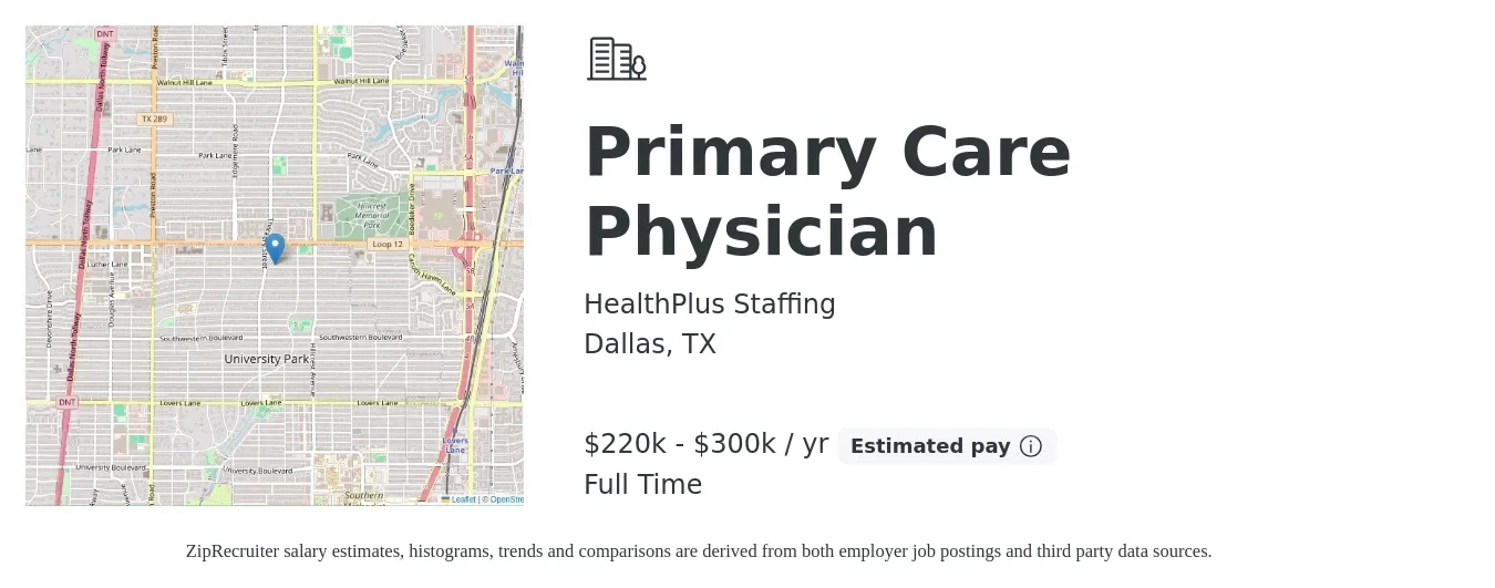 HealthPlus Staffing job posting for a Primary Care Physician in Dallas, TX with a salary of $220,000 to $300,000 Yearly with a map of Dallas location.