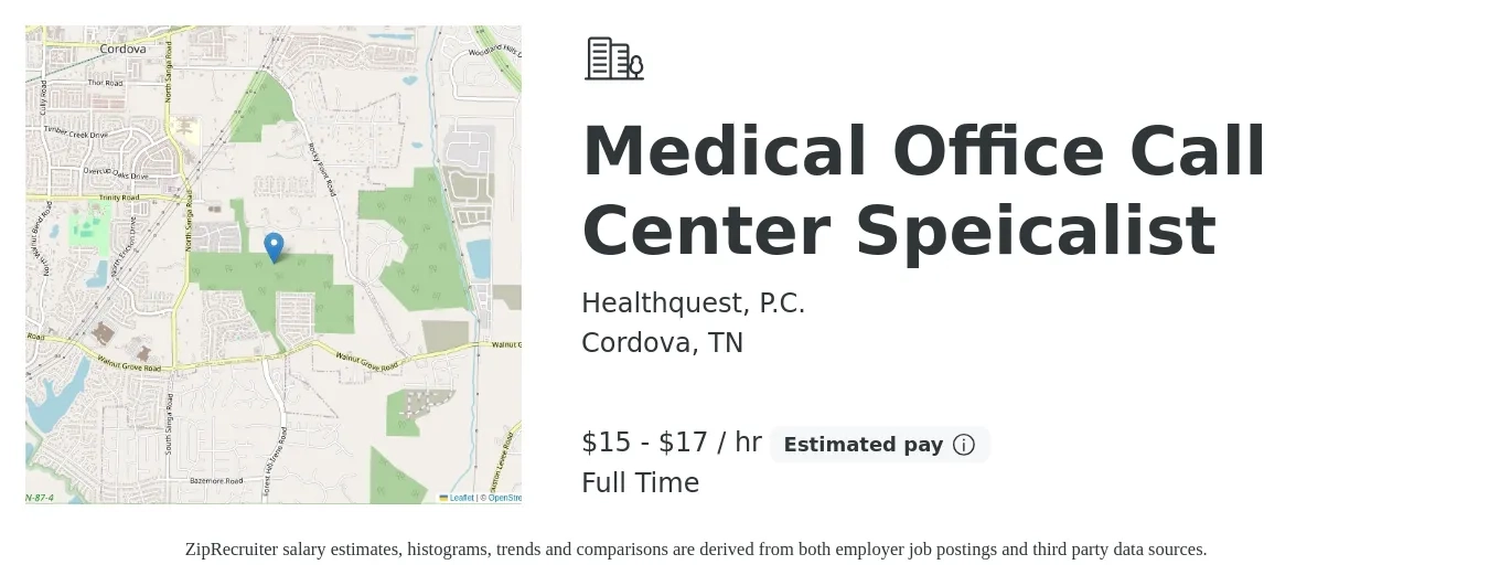 Healthquest, P.C. job posting for a Medical Office Call Center Speicalist in Cordova, TN with a salary of $16 to $18 Hourly with a map of Cordova location.