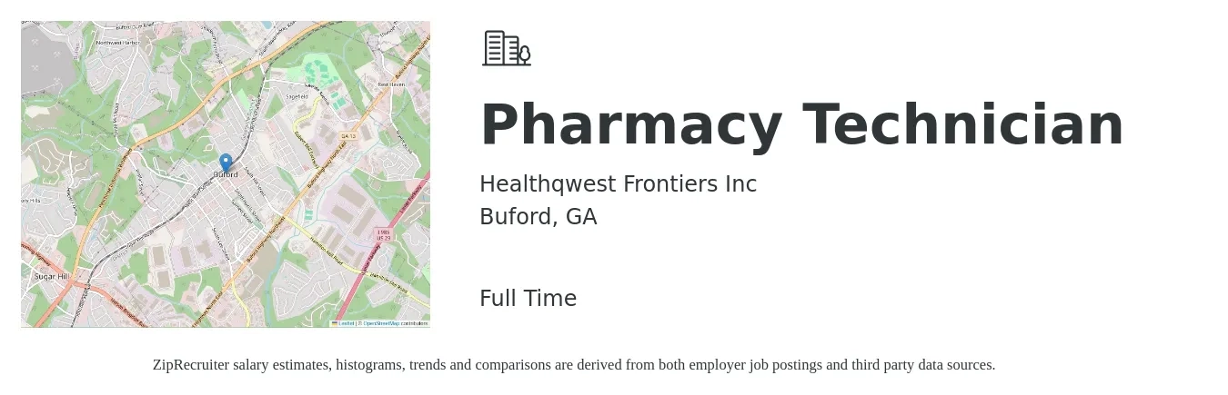 Healthqwest Frontiers Inc job posting for a Pharmacy Technician in Buford, GA with a salary of $16 to $20 Hourly with a map of Buford location.