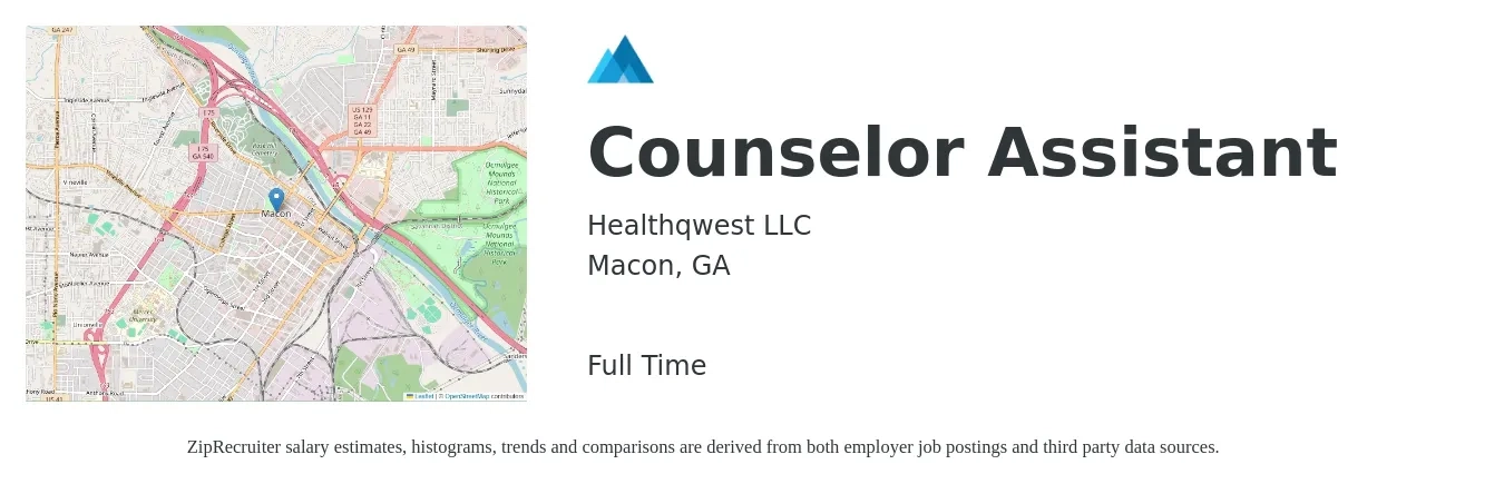 Healthqwest LLC job posting for a Counselor Assistant in Macon, GA with a map of Macon location.