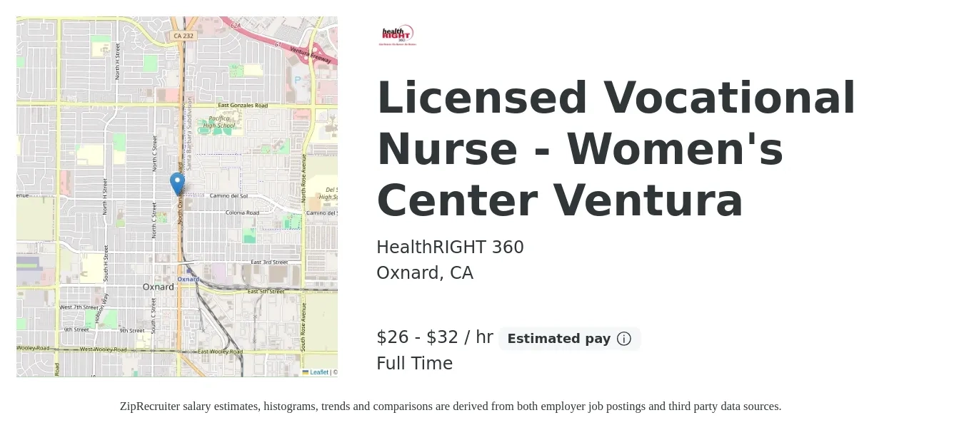 Health Right 360 job posting for a Licensed Vocational Nurse - Women's Center Ventura in Oxnard, CA with a salary of $29 to $39 Hourly with a map of Oxnard location.