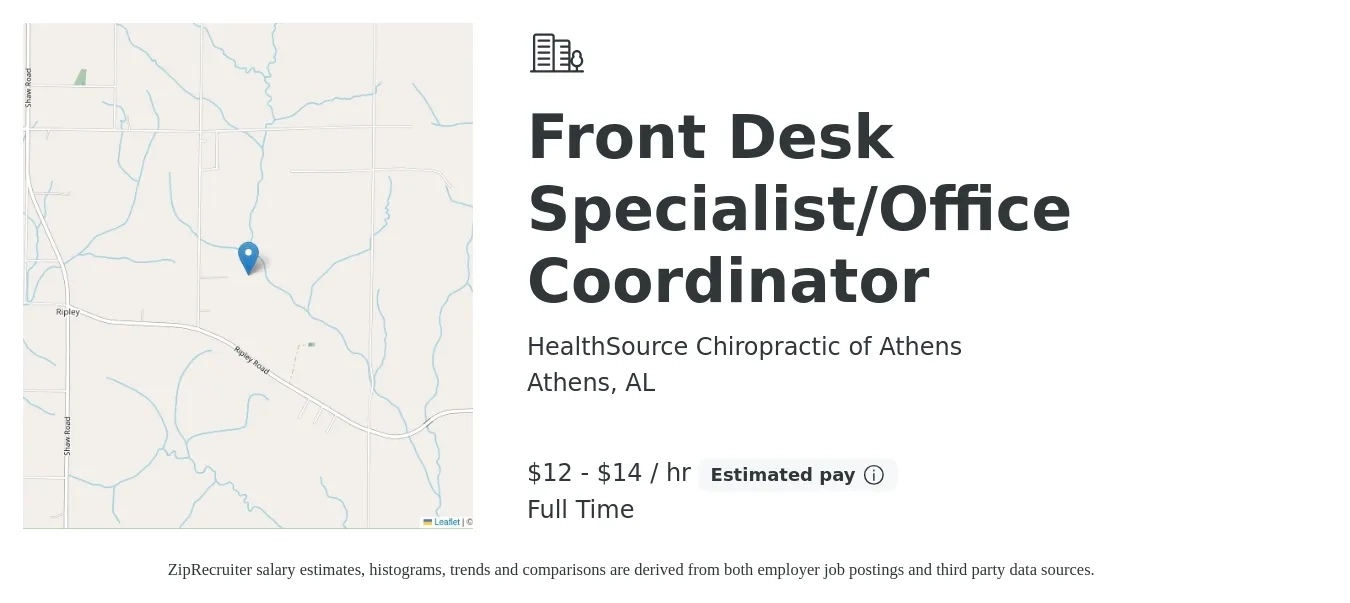HealthSource Chiropractic of Athens job posting for a Front Desk Specialist/Office Coordinator in Athens, AL with a salary of $13 to $15 Hourly with a map of Athens location.