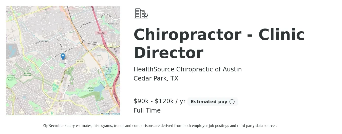 HealthSource Chiropractic of Austin job posting for a Chiropractor - Clinic Director in Cedar Park, TX with a salary of $90,000 to $120,000 Yearly with a map of Cedar Park location.