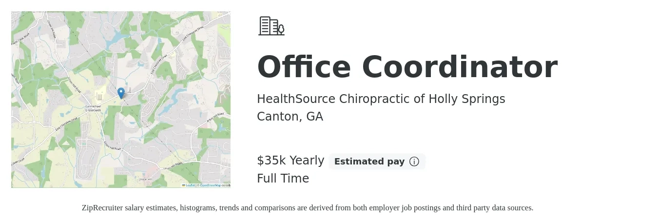 HealthSource Chiropractic of Holly Springs job posting for a Office Coordinator in Canton, GA with a salary of $35,000 Yearly with a map of Canton location.