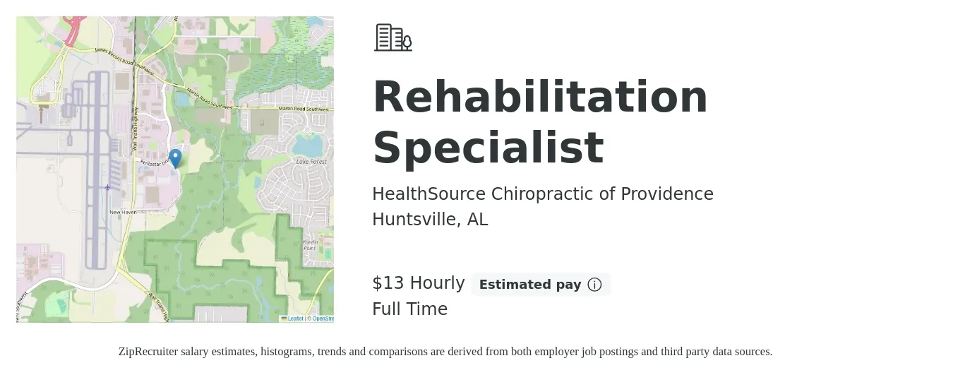 HealthSource Chiropractic of Providence job posting for a Rehabilitation Specialist in Huntsville, AL with a salary of $14 Hourly with a map of Huntsville location.