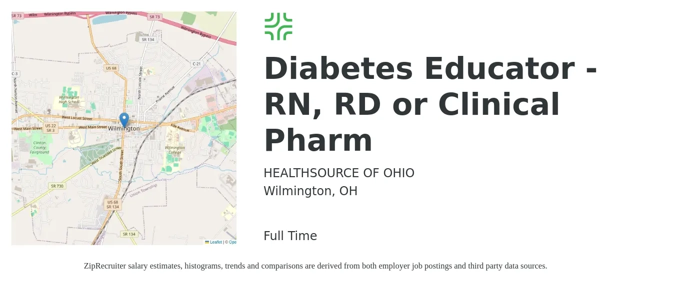 HEALTHSOURCE OF OHIO job posting for a Diabetes Educator - RN, RD or Clinical Pharm in Wilmington, OH with a salary of $31 to $49 Hourly with a map of Wilmington location.