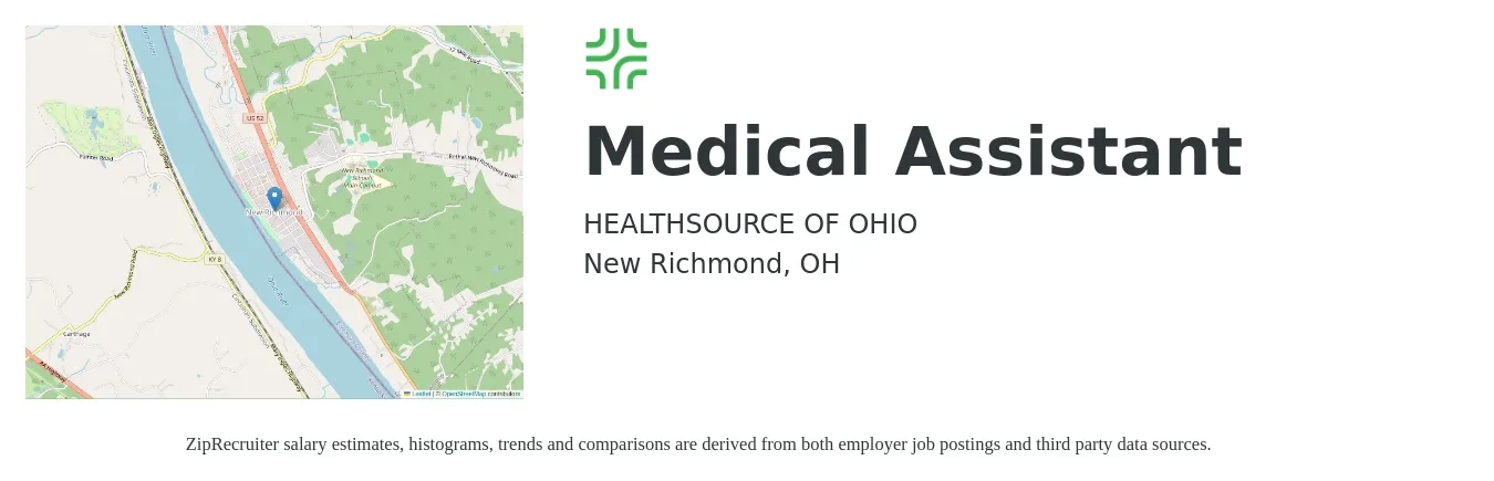 HEALTHSOURCE OF OHIO job posting for a Medical Assistant in New Richmond, OH with a salary of $18 to $23 Hourly with a map of New Richmond location.