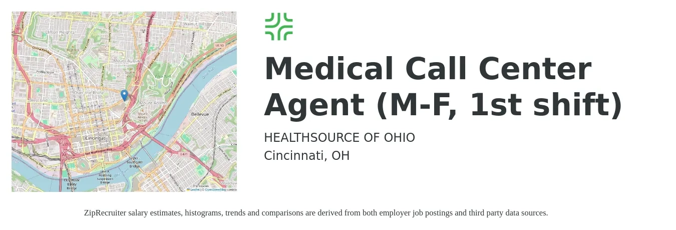 HEALTHSOURCE OF OHIO job posting for a Medical Call Center Agent (M-F, 1st shift) in Cincinnati, OH with a salary of $14 to $19 Hourly with a map of Cincinnati location.