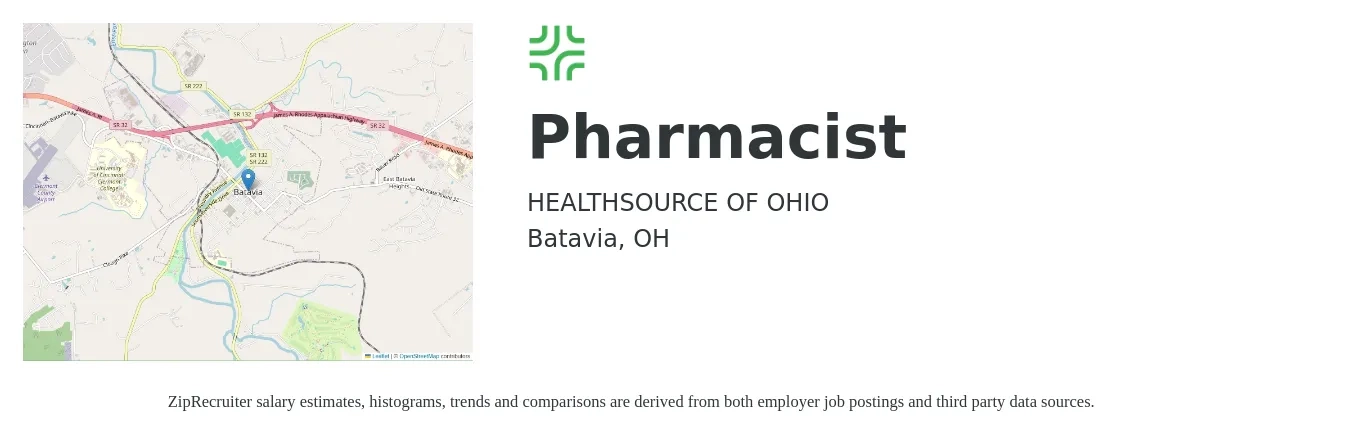 HEALTHSOURCE OF OHIO job posting for a Pharmacist in Batavia, OH with a salary of $54 to $64 Hourly with a map of Batavia location.