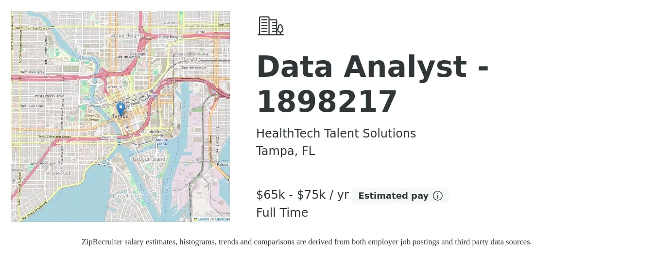 HealthTech Talent Solutions job posting for a Data Analyst - 1898217 in Tampa, FL with a salary of $65,000 to $75,000 Yearly with a map of Tampa location.