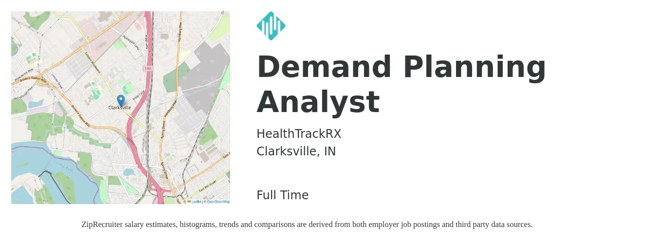 HealthTrackRX job posting for a Demand Planning Analyst in Clarksville, IN with a salary of $54,500 to $79,300 Yearly with a map of Clarksville location.