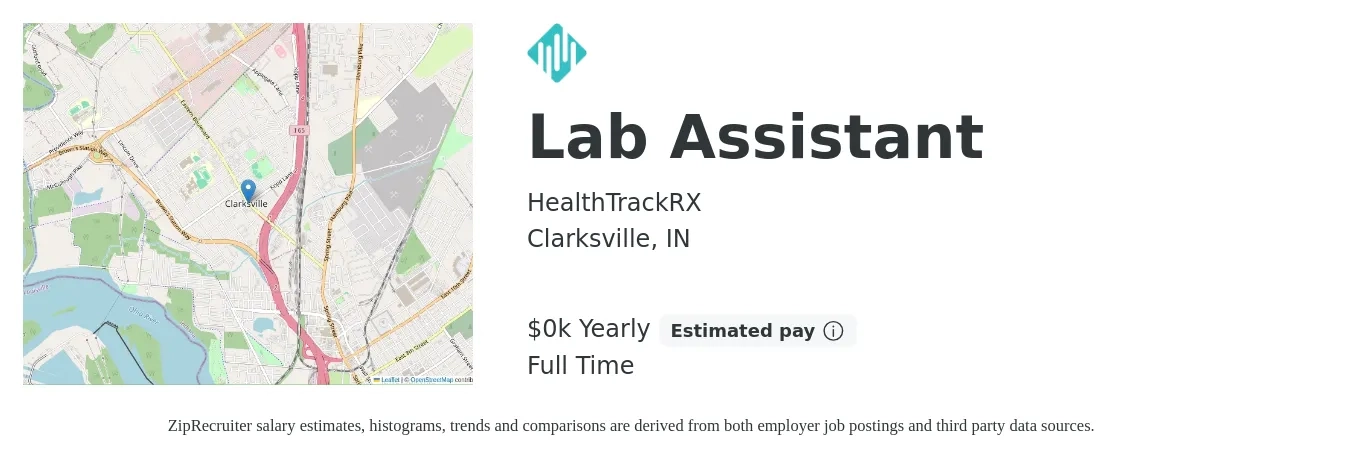 HealthTrackRX job posting for a Lab Assistant in Clarksville, IN with a salary of $16 to $25 Yearly with a map of Clarksville location.