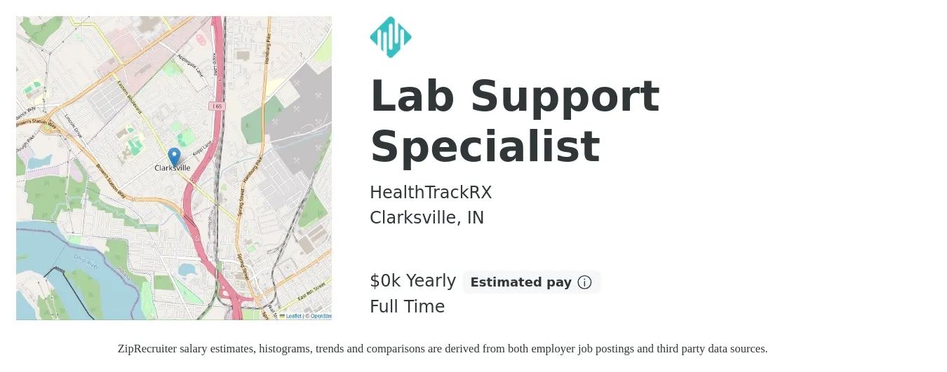 HealthTrackRX job posting for a Lab Support Specialist in Clarksville, IN with a salary of $19 to $21 Yearly with a map of Clarksville location.