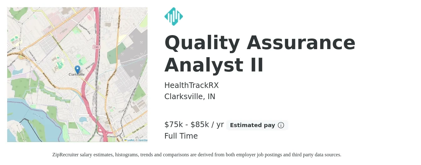 HealthTrackRX job posting for a Quality Assurance Analyst II in Clarksville, IN with a salary of $75,000 to $85,000 Yearly with a map of Clarksville location.