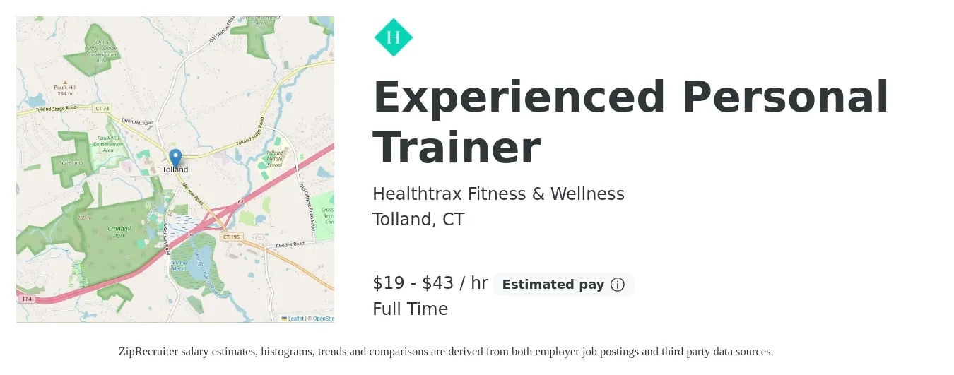 Healthtrax Fitness & Wellness job posting for a Experienced Personal Trainer in Tolland, CT with a salary of $20 to $45 Hourly with a map of Tolland location.