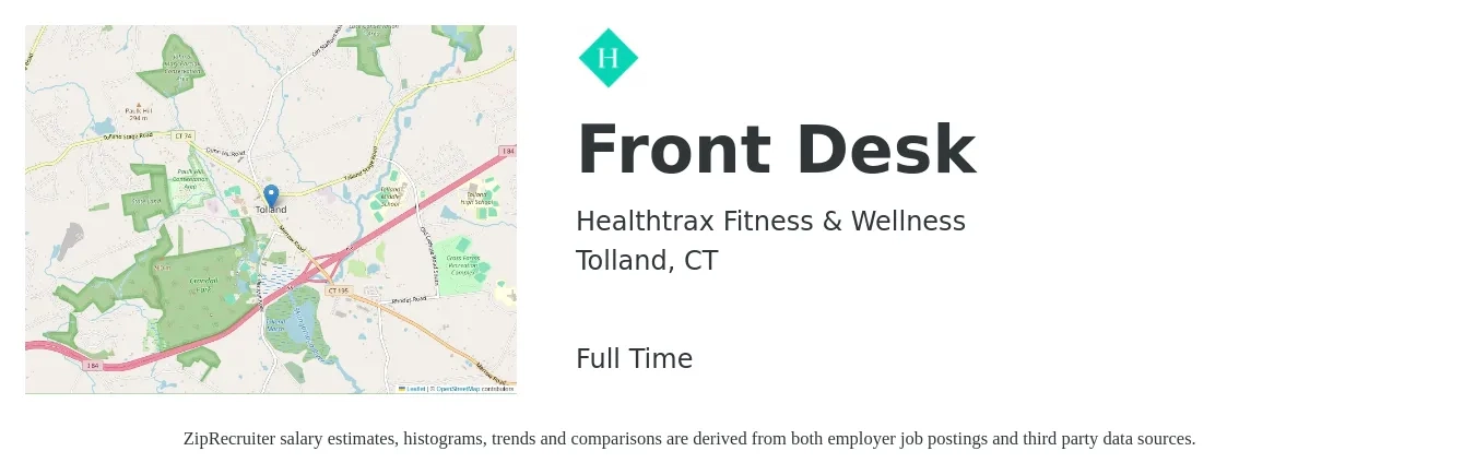 Healthtrax Fitness & Wellness job posting for a Front Desk in Tolland, CT with a salary of $12 to $16 Hourly with a map of Tolland location.