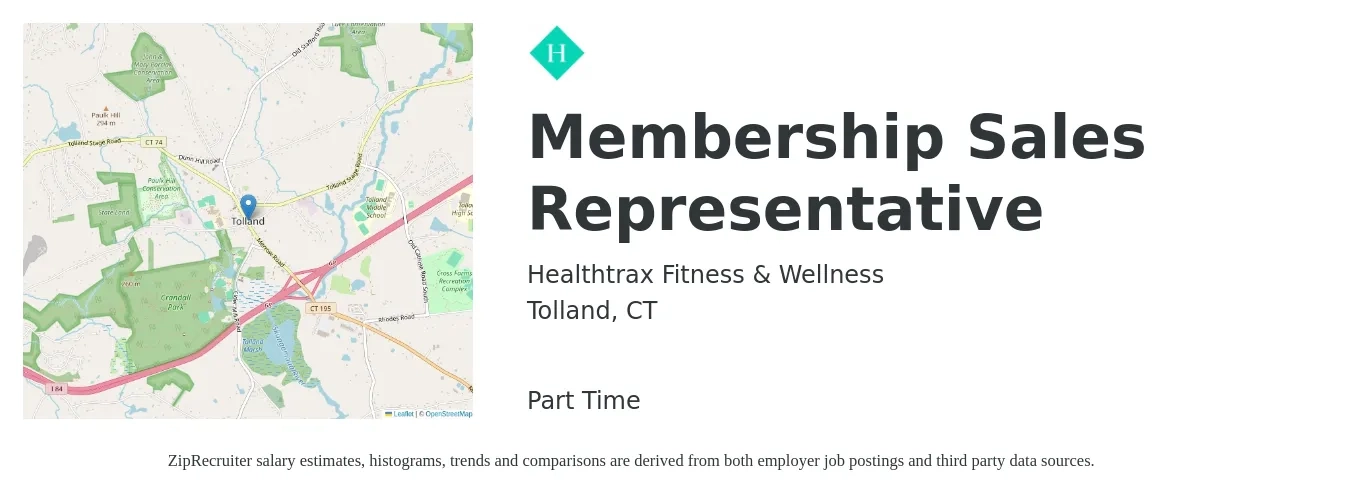 Healthtrax Fitness & Wellness job posting for a Membership Sales Representative in Tolland, CT with a salary of $14 to $23 Hourly with a map of Tolland location.