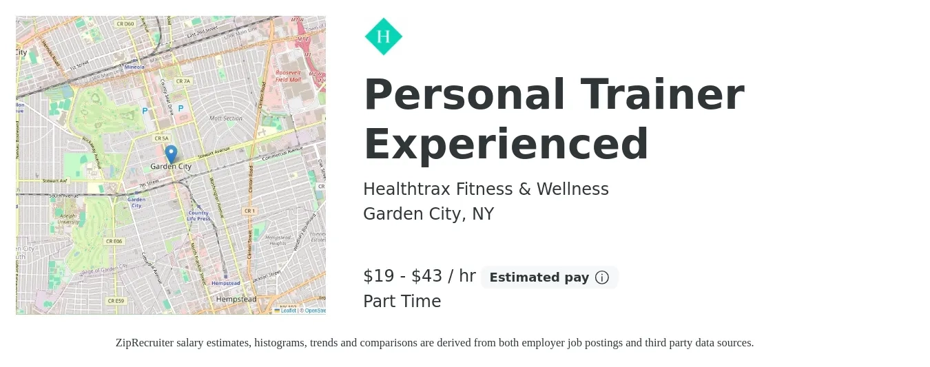 Healthtrax Fitness & Wellness job posting for a Personal Trainer Experienced in Garden City, NY with a salary of $30 to $50 Hourly with a map of Garden City location.