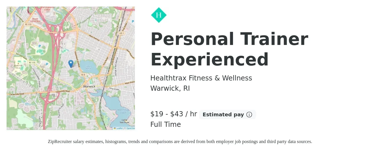 Healthtrax Fitness & Wellness job posting for a Personal Trainer Experienced in Warwick, RI with a salary of $20 to $45 Hourly with a map of Warwick location.