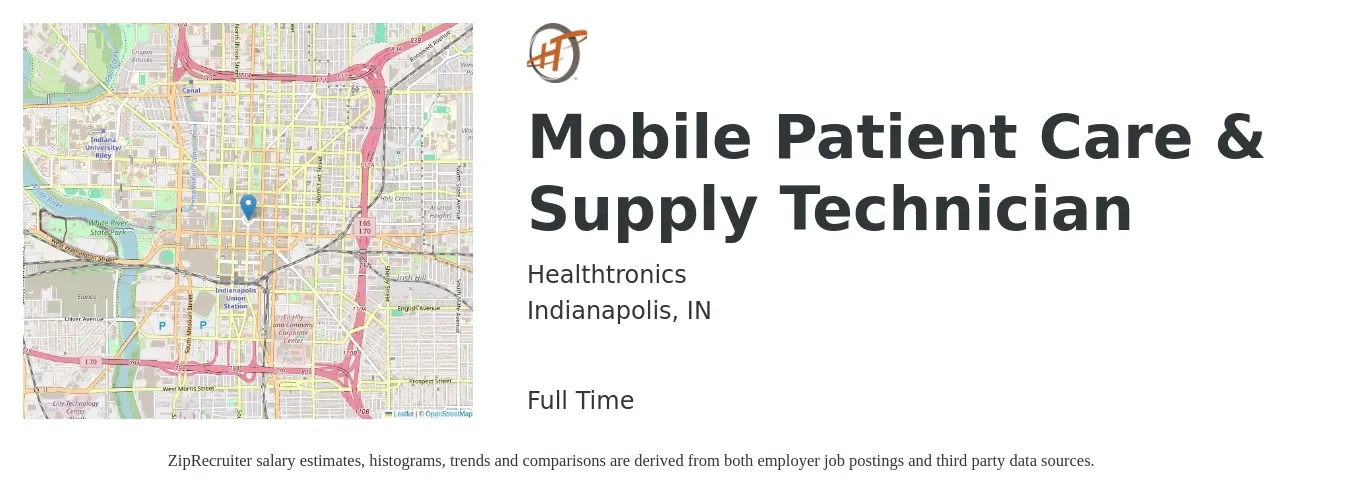 Healthtronics job posting for a Mobile Patient Care & Supply Technician in Indianapolis, IN with a salary of $3,000 Weekly with a map of Indianapolis location.