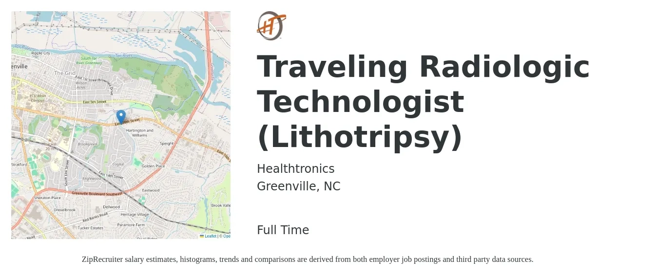 Healthtronics job posting for a Traveling Radiologic Technologist (Lithotripsy) in Greenville, NC with a salary of $3,000 Weekly with a map of Greenville location.
