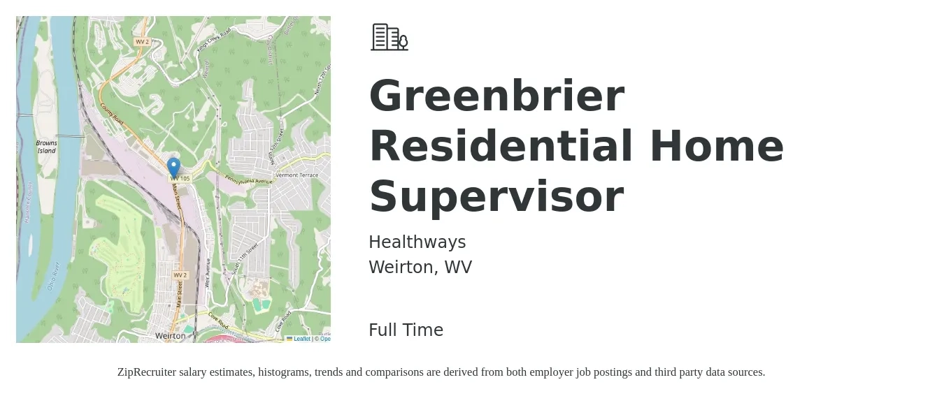 Healthways job posting for a Greenbrier Residential Home Supervisor in Weirton, WV with a salary of $41,500 to $59,100 Yearly with a map of Weirton location.