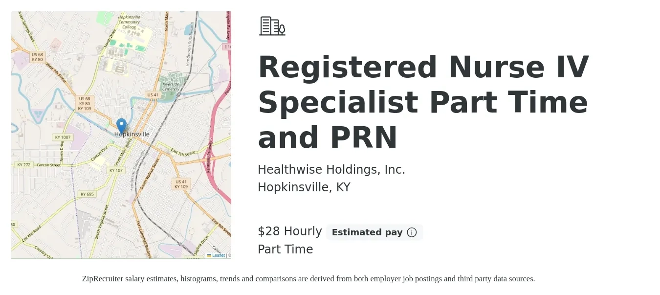 Healthwise Holdings, Inc. job posting for a Registered Nurse IV Specialist Part Time and PRN in Hopkinsville, KY with a salary of $30 Hourly with a map of Hopkinsville location.