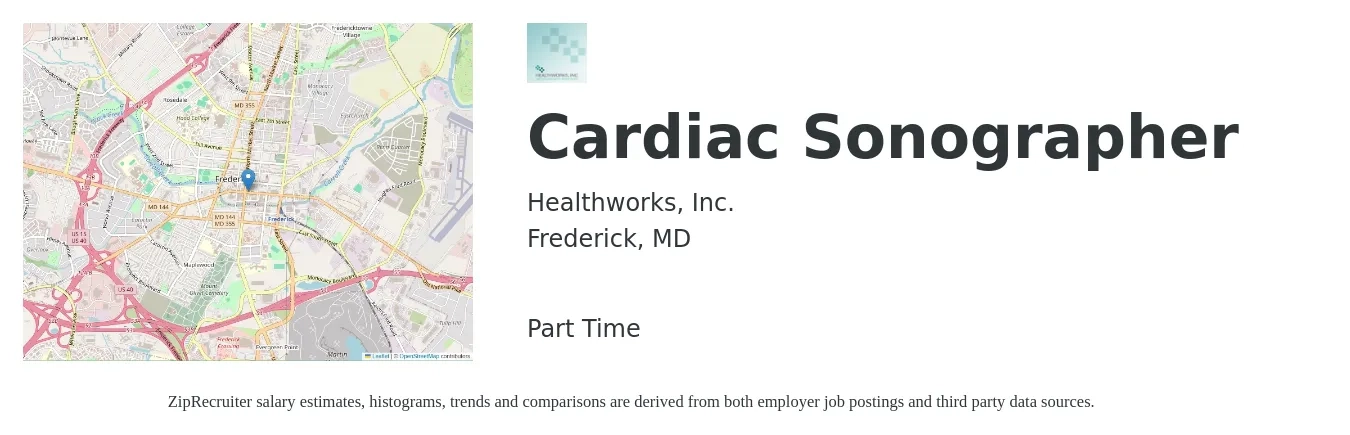 Healthworks, Inc. job posting for a Cardiac Sonographer in Frederick, MD with a salary of $32 to $51 Hourly with a map of Frederick location.