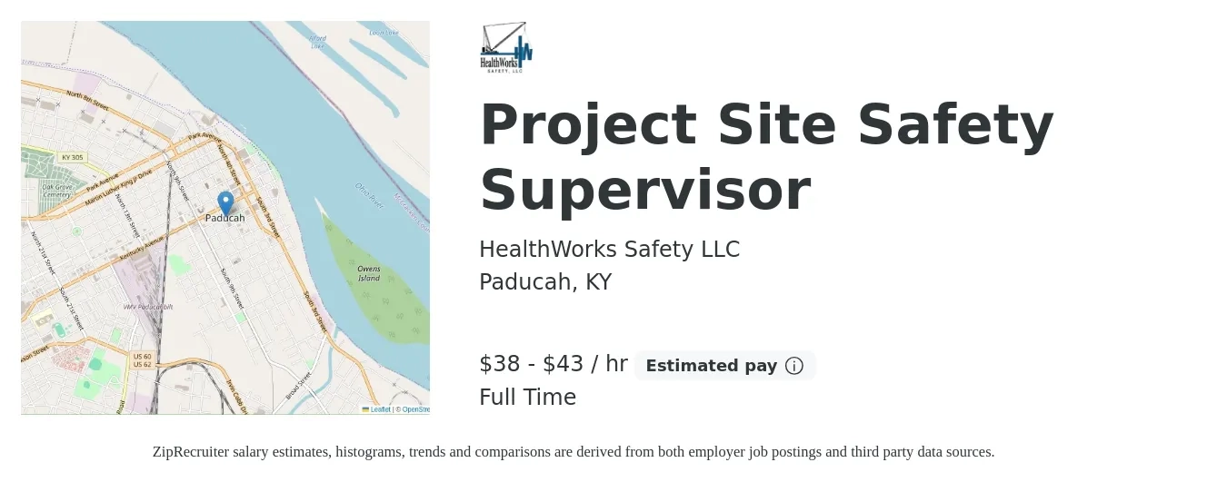 HealthWorks Safety LLC job posting for a Project Site Safety Supervisor in Paducah, KY with a salary of $40 to $45 Hourly with a map of Paducah location.