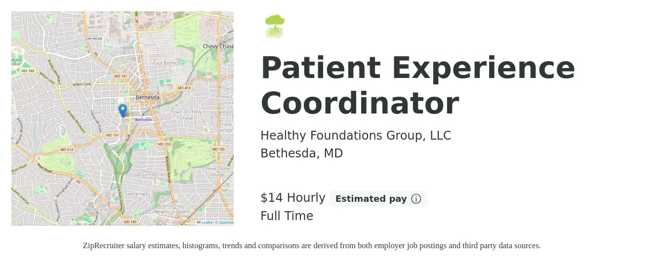 Healthy Foundations Group, LLC job posting for a Patient Experience Coordinator in Bethesda, MD with a salary of $15 Hourly with a map of Bethesda location.