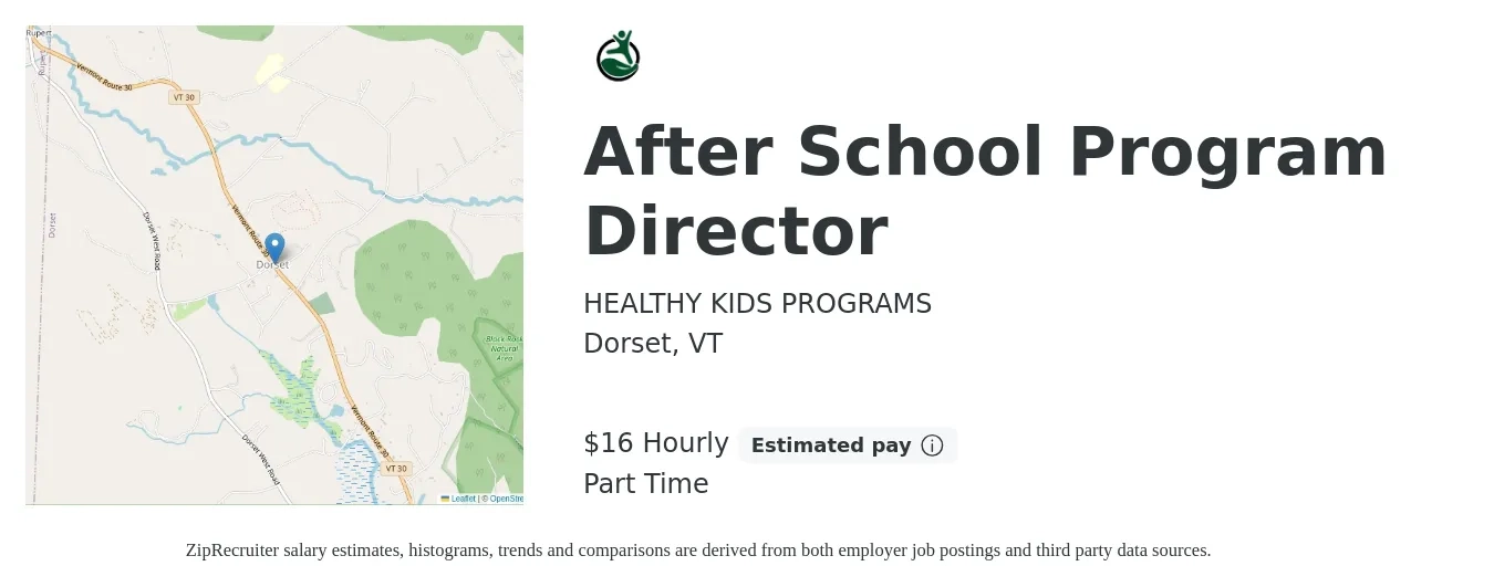 HEALTHY KIDS PROGRAMS job posting for a After School Program Director in Dorset, VT with a salary of $17 Hourly with a map of Dorset location.