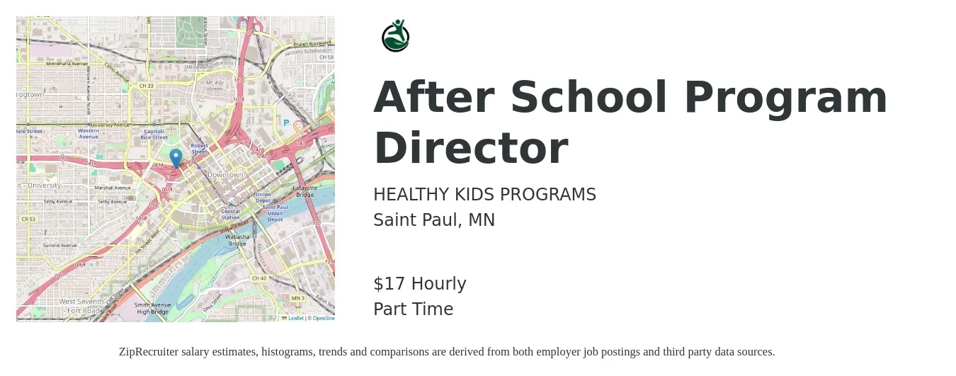 Healthy Kids Programs job posting for a After School Program Director in Saint Paul, MN with a salary of $18 Hourly with a map of Saint Paul location.