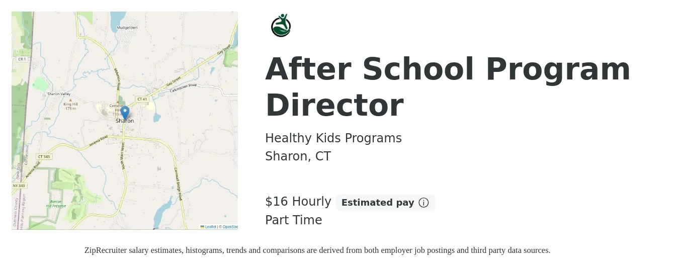 HEALTHY KIDS PROGRAMS job posting for a After School Program Director in Sharon, CT with a salary of $17 Hourly with a map of Sharon location.