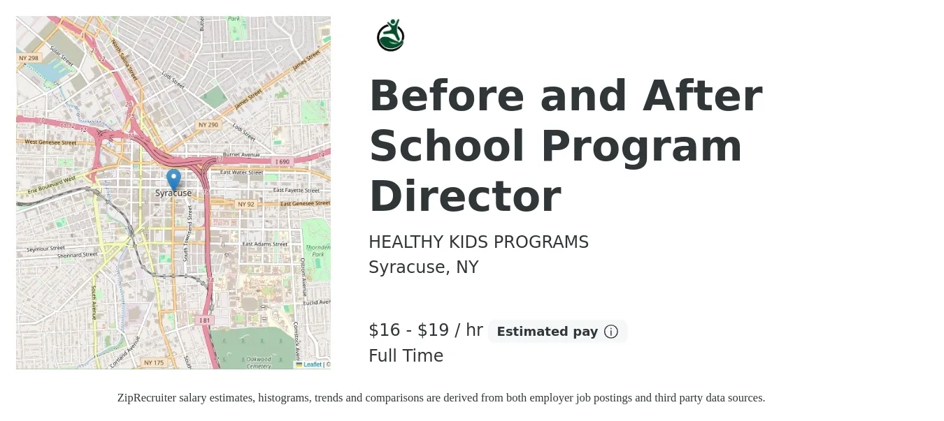 HEALTHY KIDS PROGRAMS job posting for a Before and After School Program Director in Syracuse, NY with a salary of $17 to $20 Hourly with a map of Syracuse location.