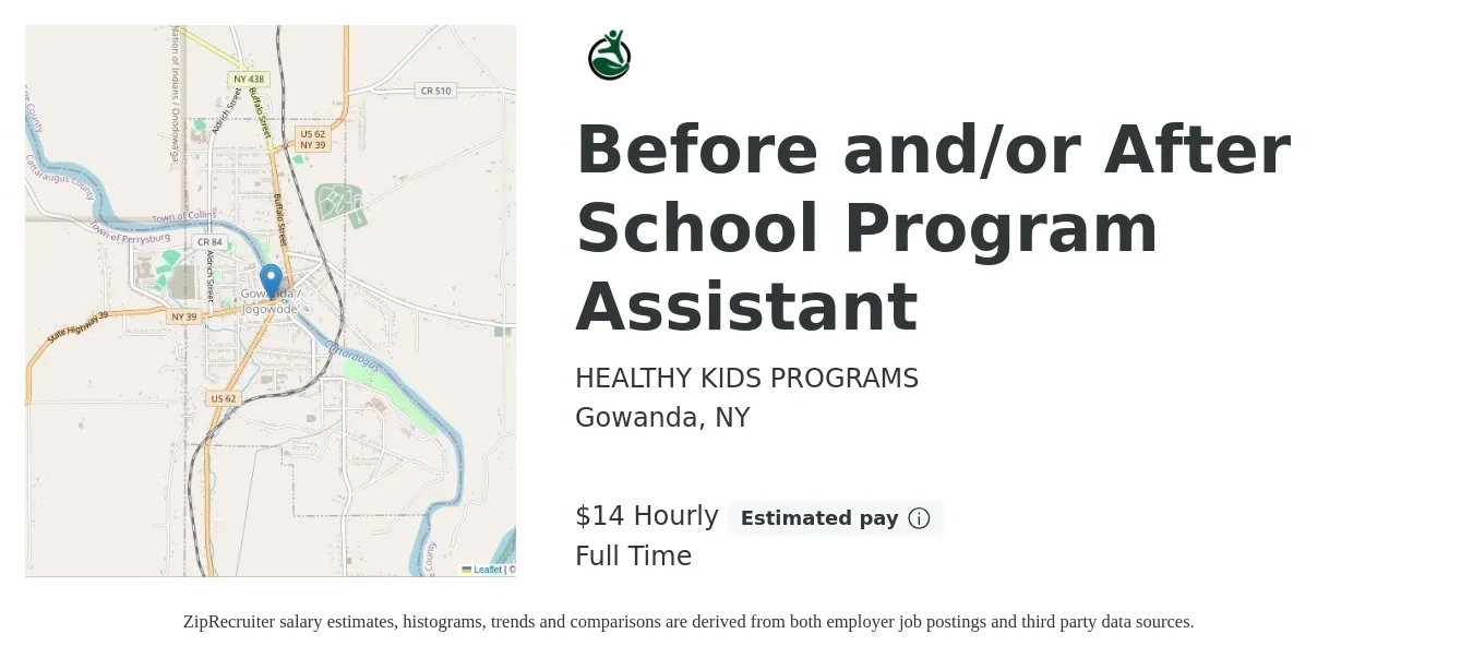 Healthy Kids Programs job posting for a Before and/or After School Program Assistant in Gowanda, NY with a salary of $15 Hourly with a map of Gowanda location.