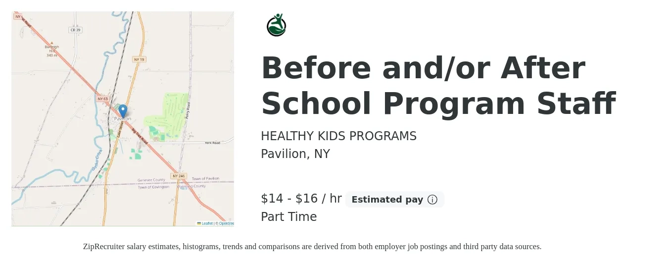 HEALTHY KIDS PROGRAMS job posting for a Before and/or After School Program Staff in Pavilion, NY with a salary of $15 to $17 Hourly with a map of Pavilion location.