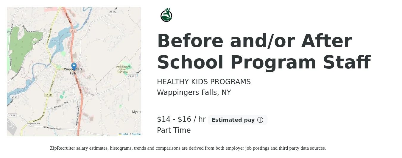HEALTHY KIDS PROGRAMS job posting for a Before and/or After School Program Staff in Wappingers Falls, NY with a salary of $15 to $17 Hourly with a map of Wappingers Falls location.