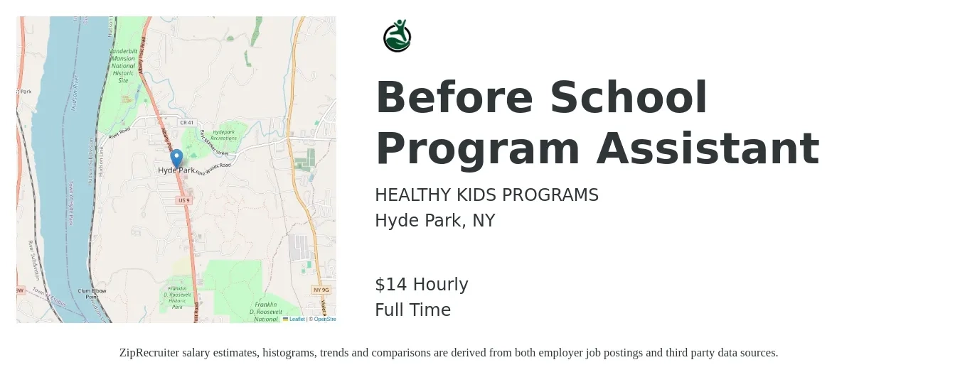 HEALTHY KIDS PROGRAMS job posting for a Before School Program Assistant in Hyde Park, NY with a salary of $15 Hourly with a map of Hyde Park location.