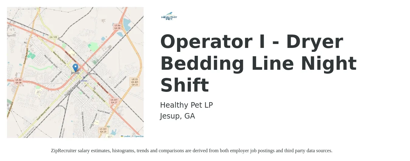 Healthy Pet LP job posting for a Operator I - Dryer Bedding Line Night Shift in Jesup, GA with a salary of $15 to $18 Hourly with a map of Jesup location.