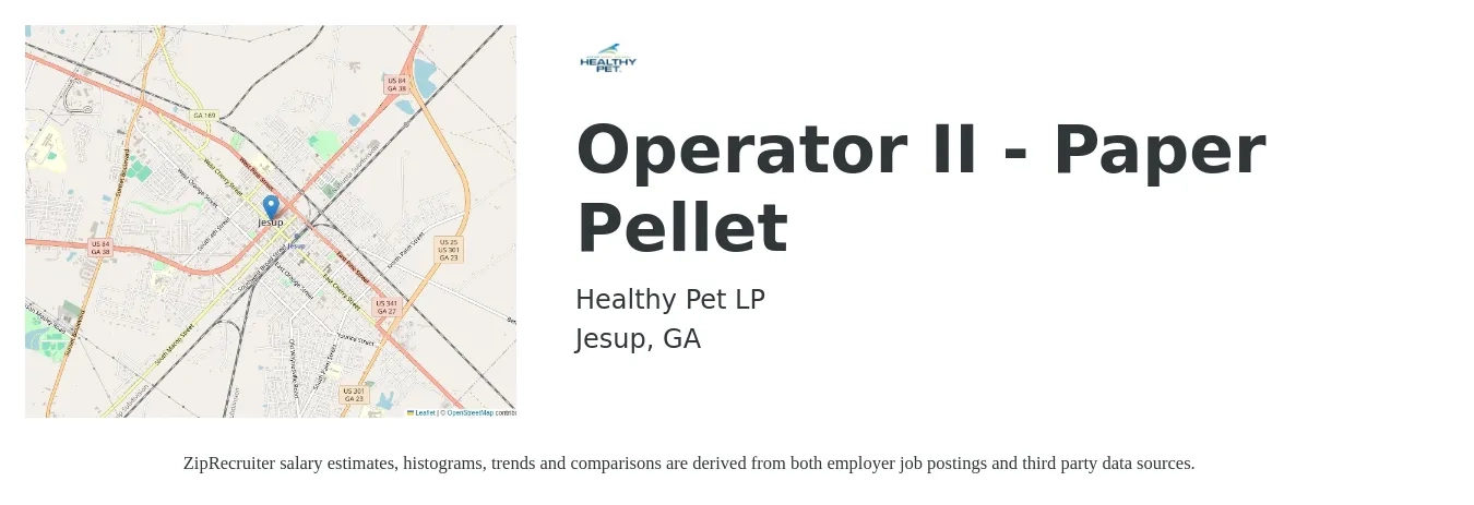 Healthy Pet LP job posting for a Operator II - Paper Pellet in Jesup, GA with a salary of $16 to $20 Hourly with a map of Jesup location.