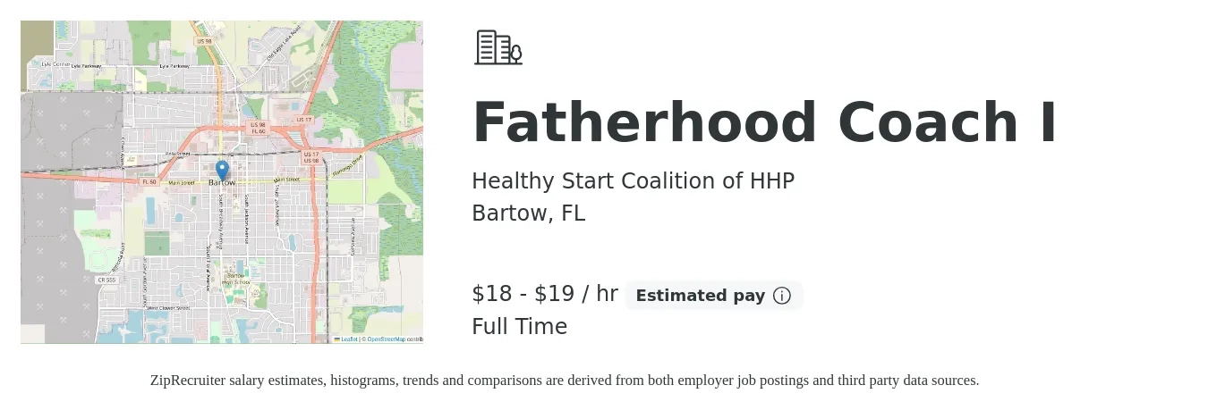 Healthy Start Coalition of HHP job posting for a Fatherhood Coach I in Bartow, FL with a salary of $40,000 to $42,000 Yearly with a map of Bartow location.